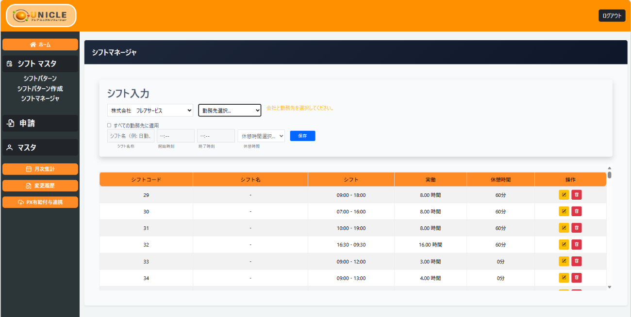 シフトパターンマネージャ画面
